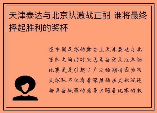 天津泰达与北京队激战正酣 谁将最终捧起胜利的奖杯