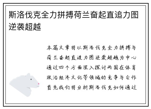 斯洛伐克全力拼搏荷兰奋起直追力图逆袭超越